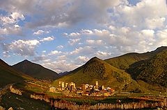 photo "Stone buildings and defensive towers in Ushguli in twilight, Upper Svaneti, Georgia 2007"