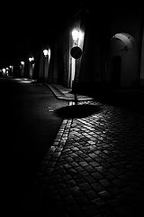 фото "Ночные фонари, доро́жный знак и улица"