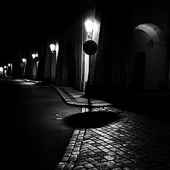 фото "Ночные фонари, доро́жный знак и улица"