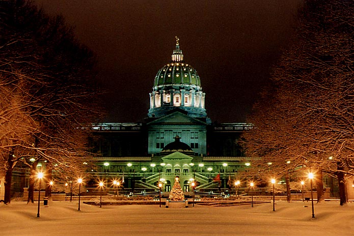 photo "Snowy nite at the PA State Capitol" tags: travel, landscape, North America, night