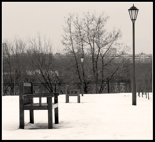 фото "Парк. Фонарь. Скамейка" метки: пейзаж, черно-белые, зима