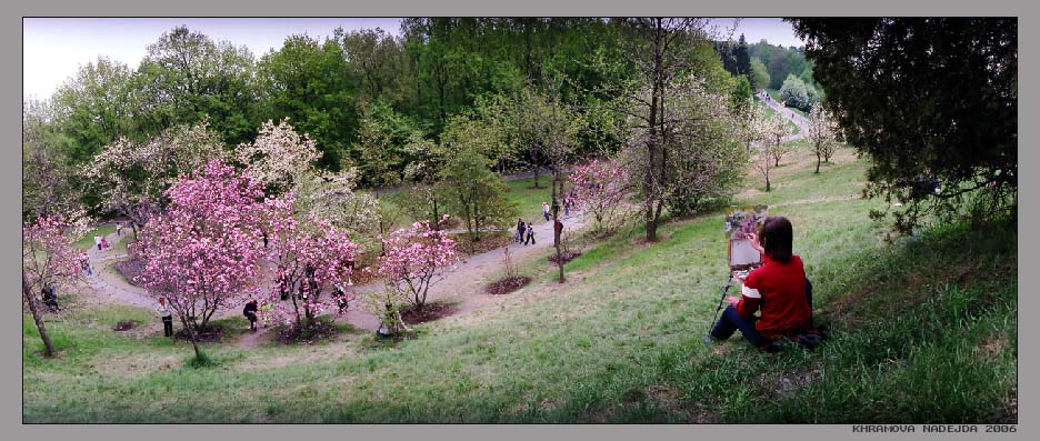 photo "About the artist drawing magnolias." tags: landscape, genre, spring