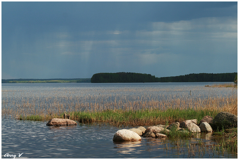 photo "озеро, камень, вода, свет, камыши, туча" tags: landscape, water