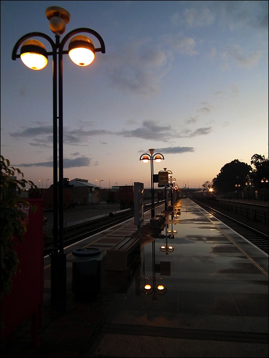 photo "The first  train." tags: landscape, city, sunset