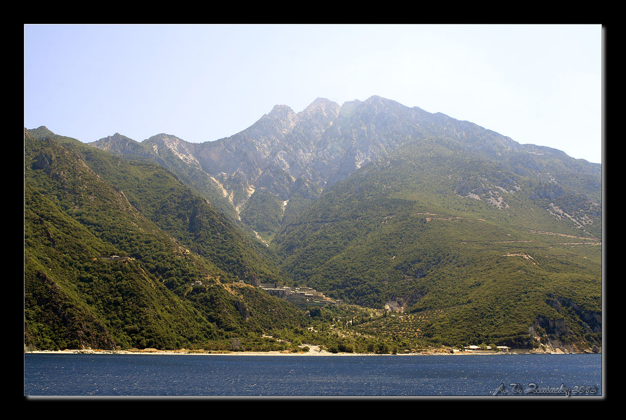 photo "Athos" tags: landscape, travel, Europe, mountains, sea, summer, temple, water