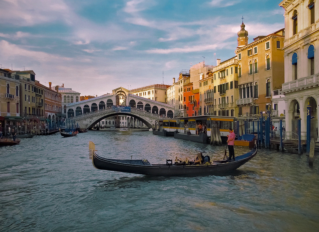 photo "***" tags: travel, landscape, Europe, Italy, Venice, sunset, water, гондола. мост риальто, гранд канал