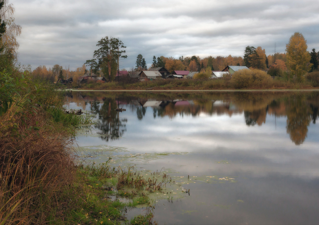 photo "***" tags: landscape, autumn, forest, grass, lake, reflections, storm cloud, tree, village