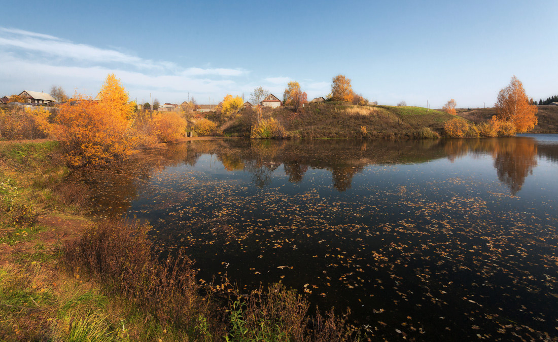 фото "Деревня и осень" метки: пейзаж, дерево, лист, озеро, осень, село, трава