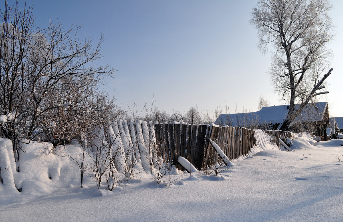 photo "***" tags: landscape, birches, hoarfrost, snow, winter, деревня, дома