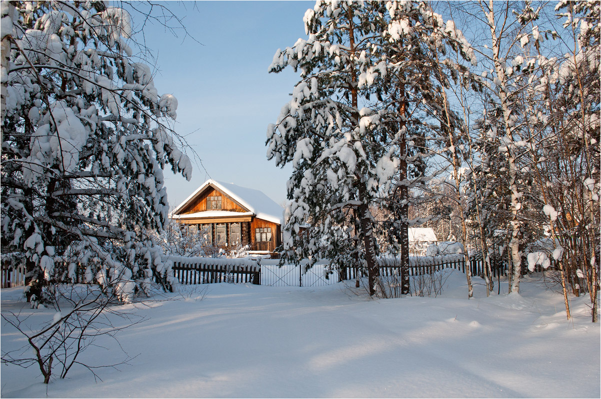 фото "Один-одинешенек" метки: пейзаж, дома, ели, зима, иней, лес, снег