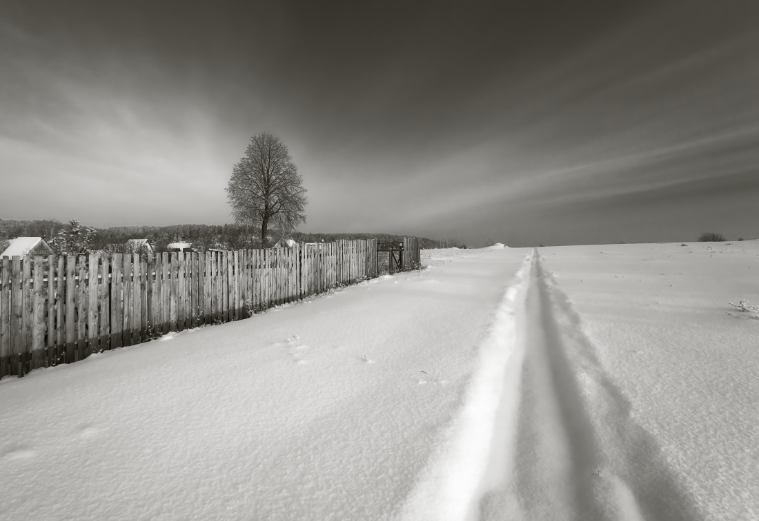 photo "***" tags: black&white, landscape, forest, sky, snow, tree, winter, Тропинка, забор, линии