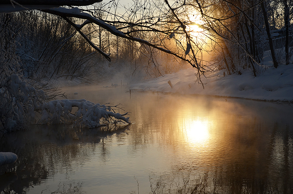 photo "***" tags: landscape, nature, fog, snow, sunset, water