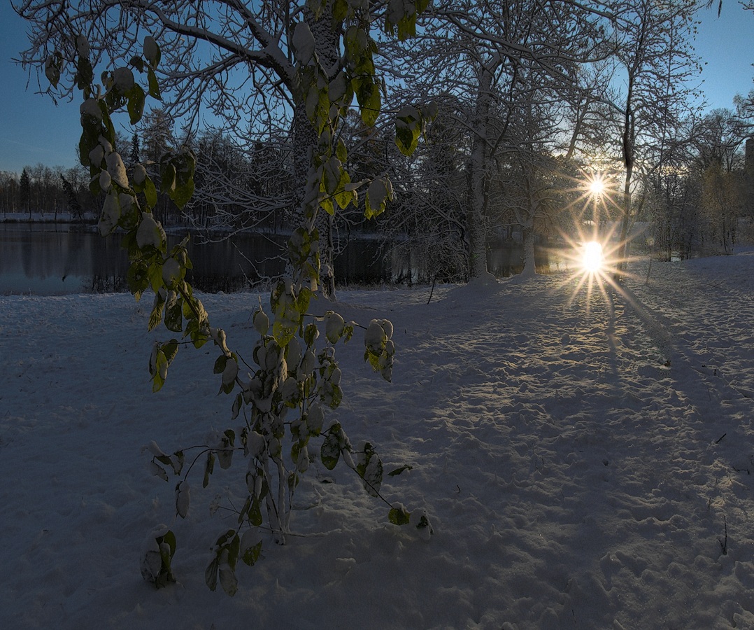 фото "Два солнца" метки: пейзаж, контровой свет, мороз, осень, первый снег, рассвет, утро