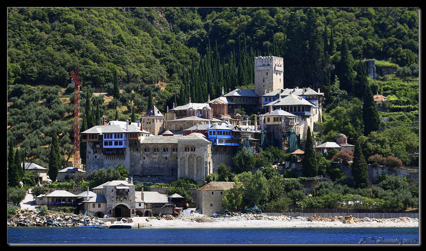 photo "Athos. Monastic Republic." tags: landscape, architecture, travel, Europe, building, forest, mountains, sea, summer, temple, tower, water