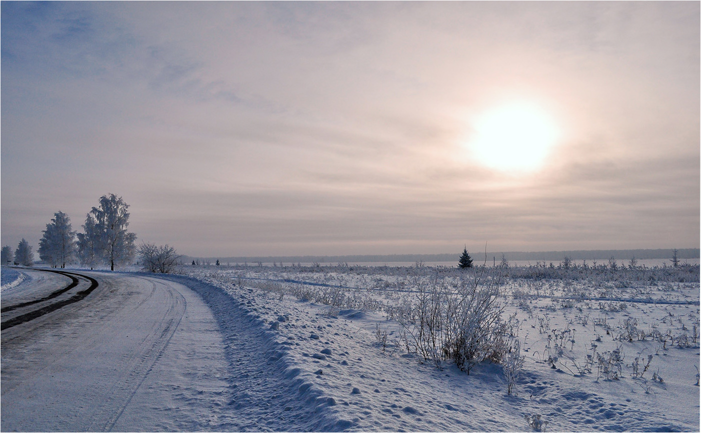 photo "***" tags: landscape, hoarfrost, road, snow, sunset, winter