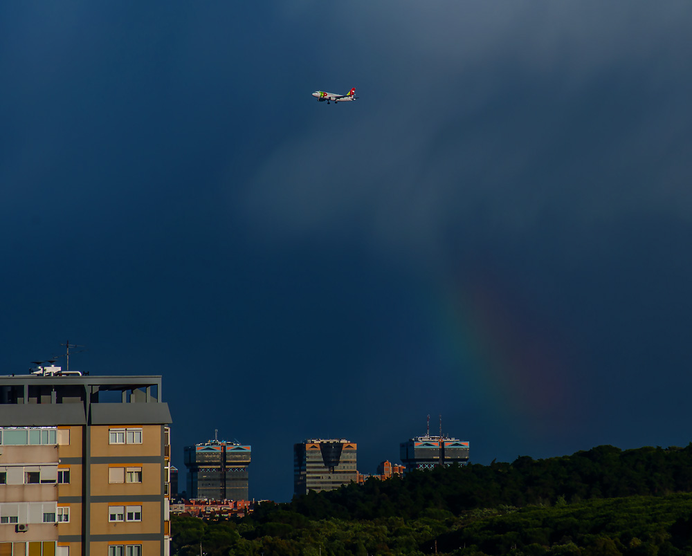 photo "Rainy Day" tags: nature, panoramic, landscape, Europe, Lisbon, clouds, jet, portugal, rainbow, rains.