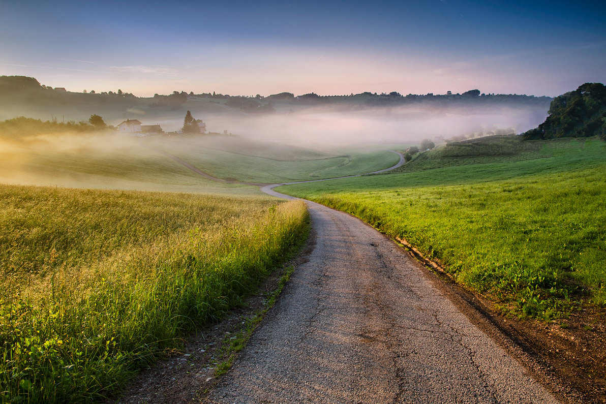 фото "Misty road" метки: пейзаж, природа, Slovenia, Slovenija, fog, mist, morning, рассвет