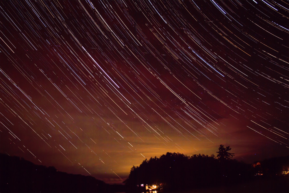 photo "Universe in Motion" tags: landscape, nature, misc., North America, forest, night, sky, stars, summer, sunset