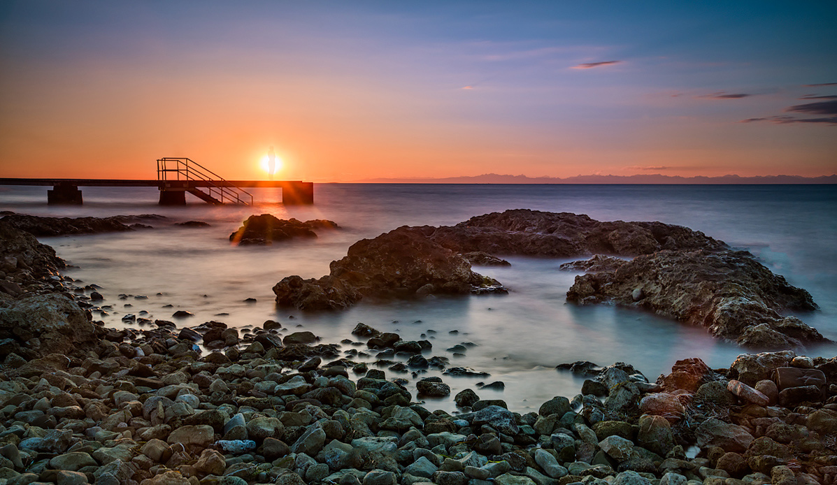 photo ""Ghost" on the peer" tags: landscape, Izola, Slovenia, Slovenija, long exposure, peer, people, sea, sunset