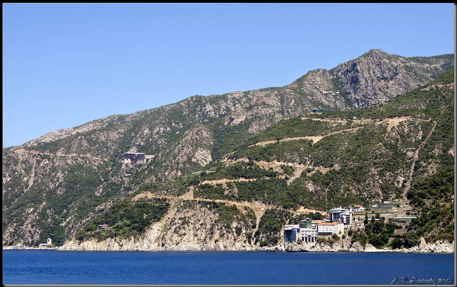 photo "The Monasteries Of Mount Athos. Grigoriat and Simonopetr." tags: landscape, architecture, travel, Europe, building, forest, mountains, road, sea, summer, temple, water