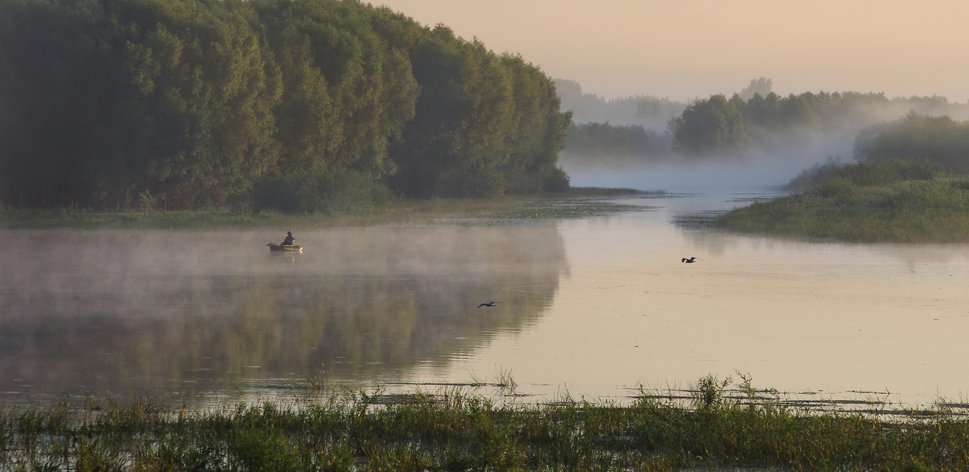 фото "***" метки: пейзаж, лето, река, рыбак, туман, утро