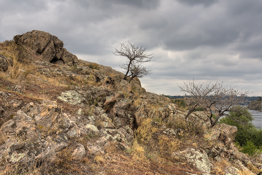 photo "***" tags: landscape, Dnieper, Ukraine, clouds, coast, rocks, september, sky, tree, Запорожье