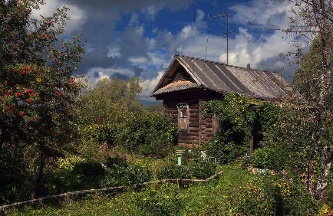 photo "***" tags: landscape, clouds, grass, september, Дворик, избушка, рябина