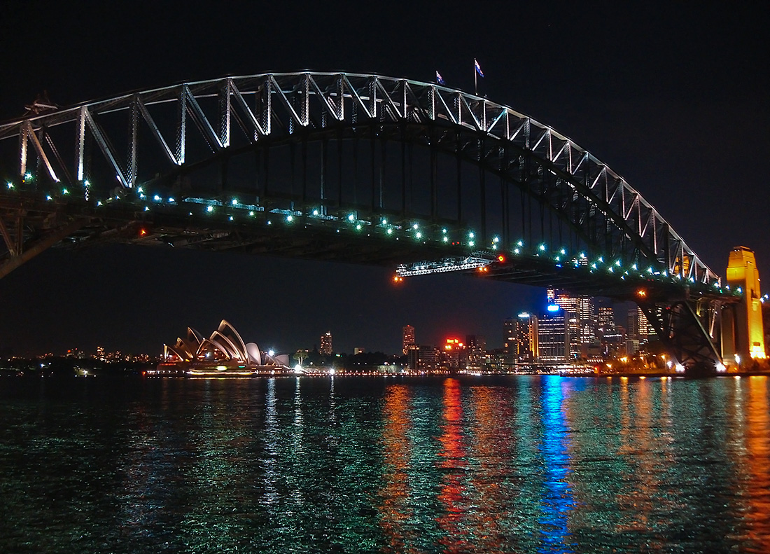 photo "Elegance of Engineering" tags: architecture, Opera House, Sydney harbour bridge, bridge, lights, night, sea, water