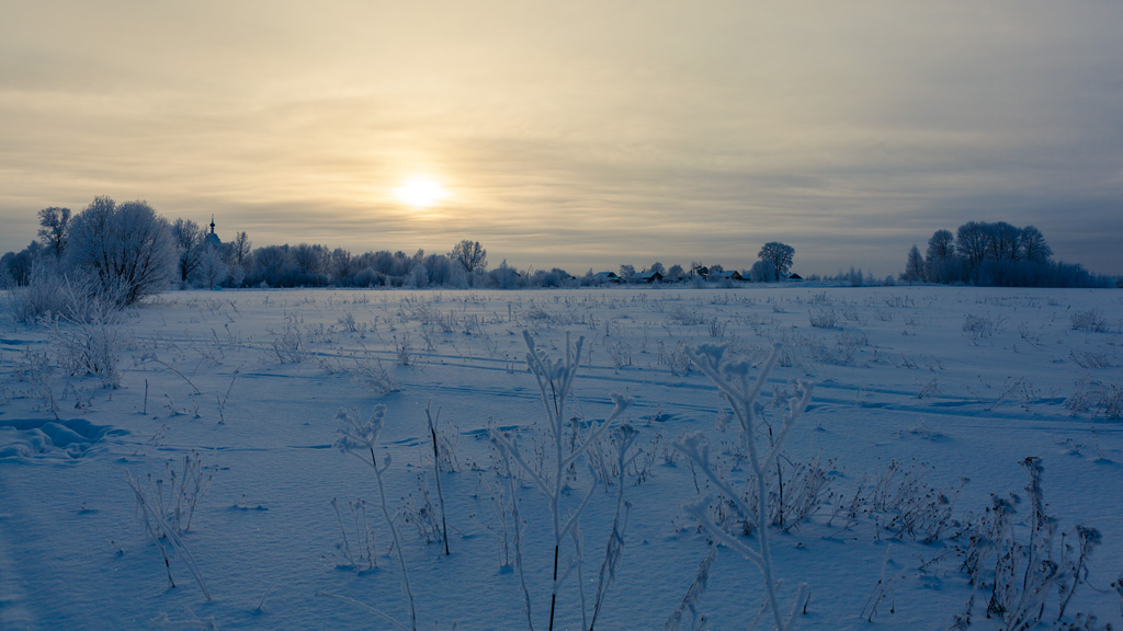 photo "Frosty evening" tags: landscape, nature, evening, field, snow, sunset, winter, деревня, мороз, опушка, январь