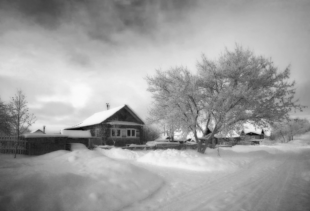 фото "В облаках" метки: пейзаж, черно-белые, деревья, зима, избушка, иней, мороз, облака, снег, сугробы