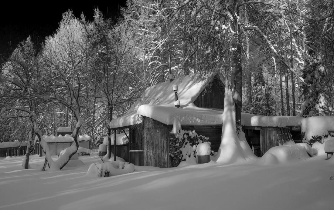 photo "***" tags: landscape, black&white, forest, snow, winter, избушка, мороз, сугробы