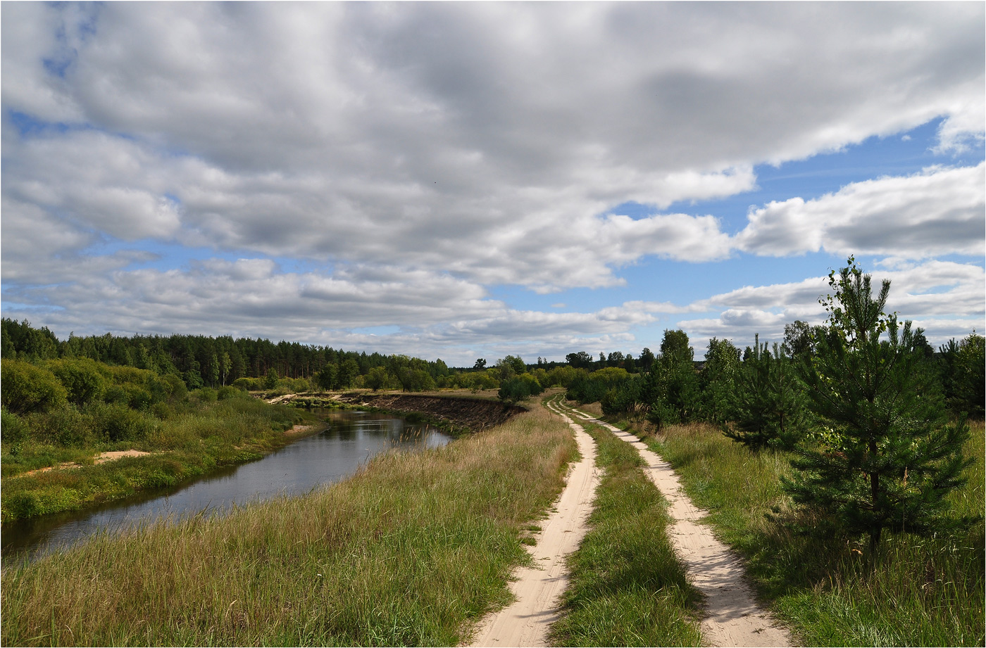 фото "Два пути" метки: пейзаж, природа, вода, деревья, дорога, лето, облака, река, трава