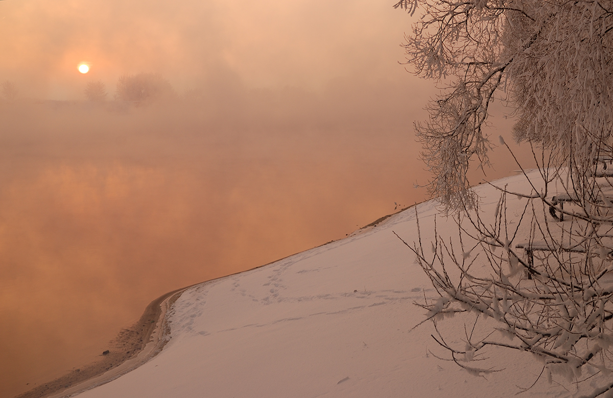 photo "***" tags: landscape, nature, fog, hoarfrost, river, sunset, winter