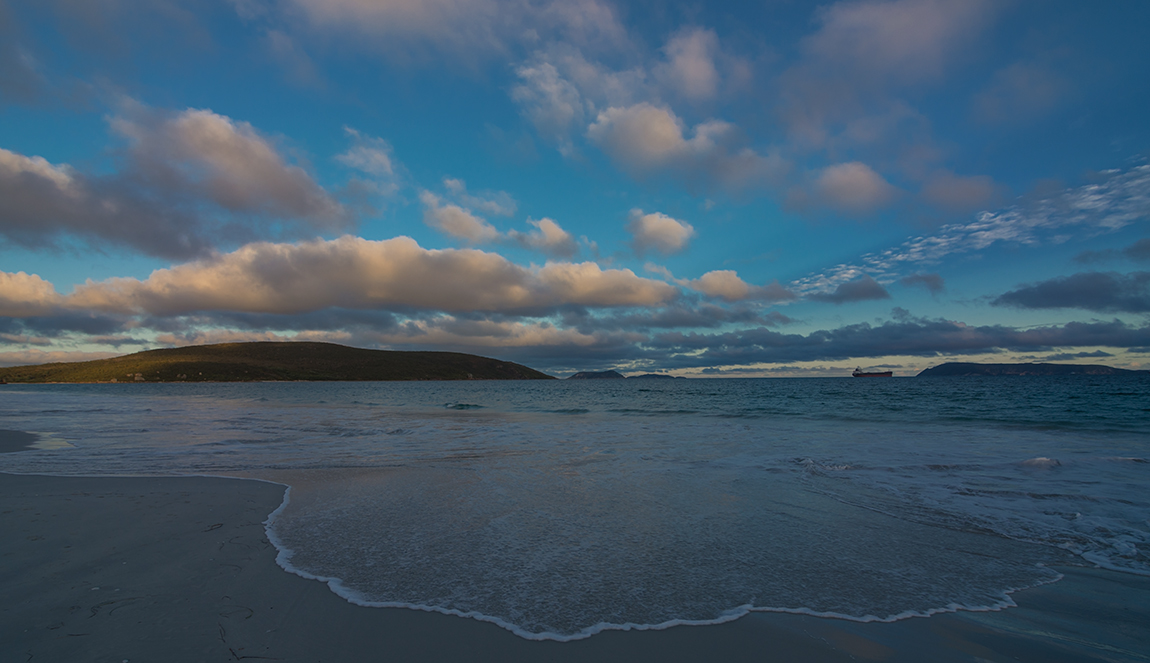 photo "***" tags: landscape, clouds, evening, hills, mountains, ocean, sea, ship, sky, sunset, waves