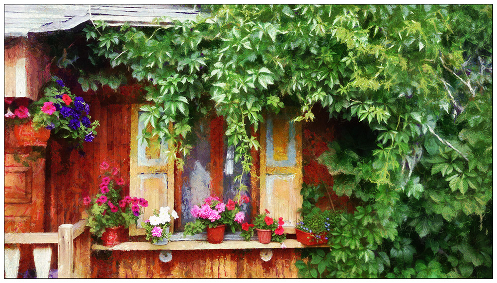 фото "Окнами в сад..." метки: digital art, абстракция, пейзаж, Азия, Россия, деревня, здание, лето, окно, сад, сибирь, цветы