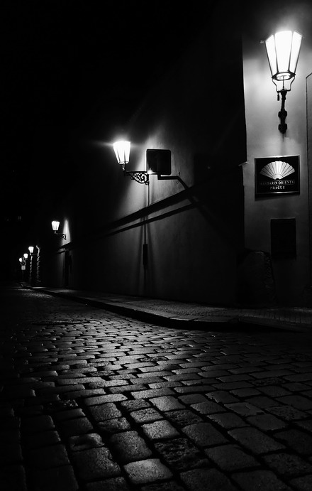 photo "Hочные фонари и мостовая-2" tags: black&white, Prag, Prague, Praha