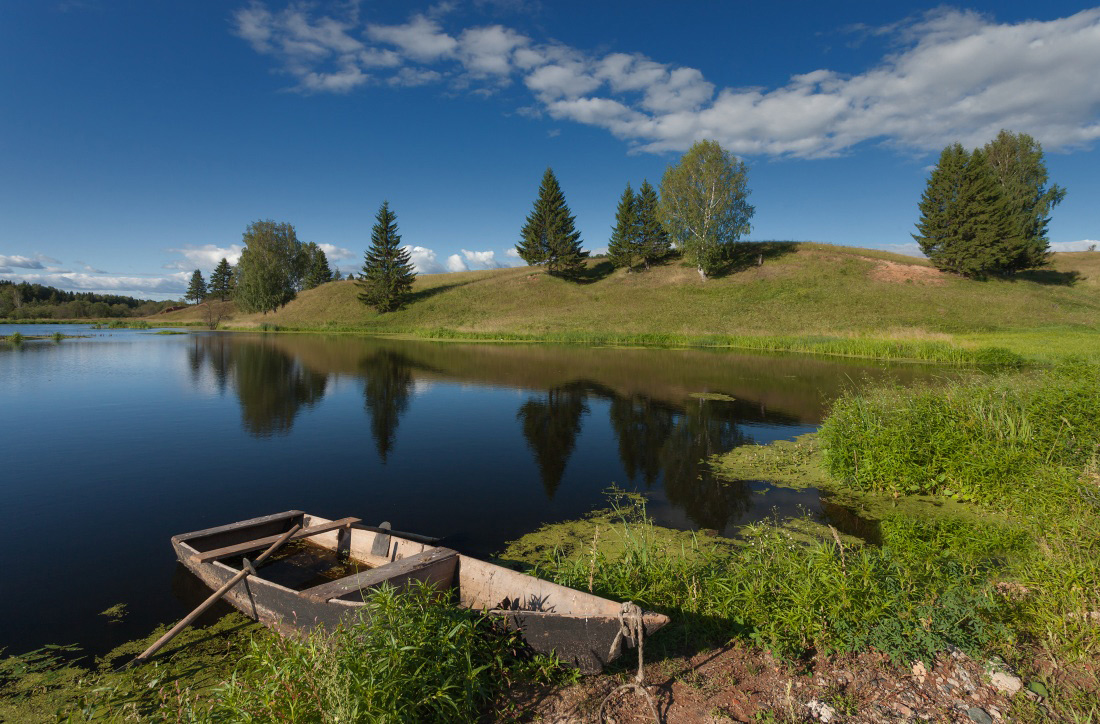 photo "***" tags: landscape, clouds, grass, pond, summer, Лодочка, деревья