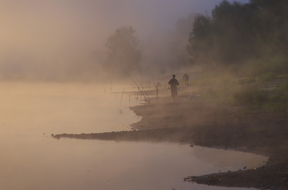 фото "акварель" метки: пейзаж, полесье, река, рыбаки, туман, утро