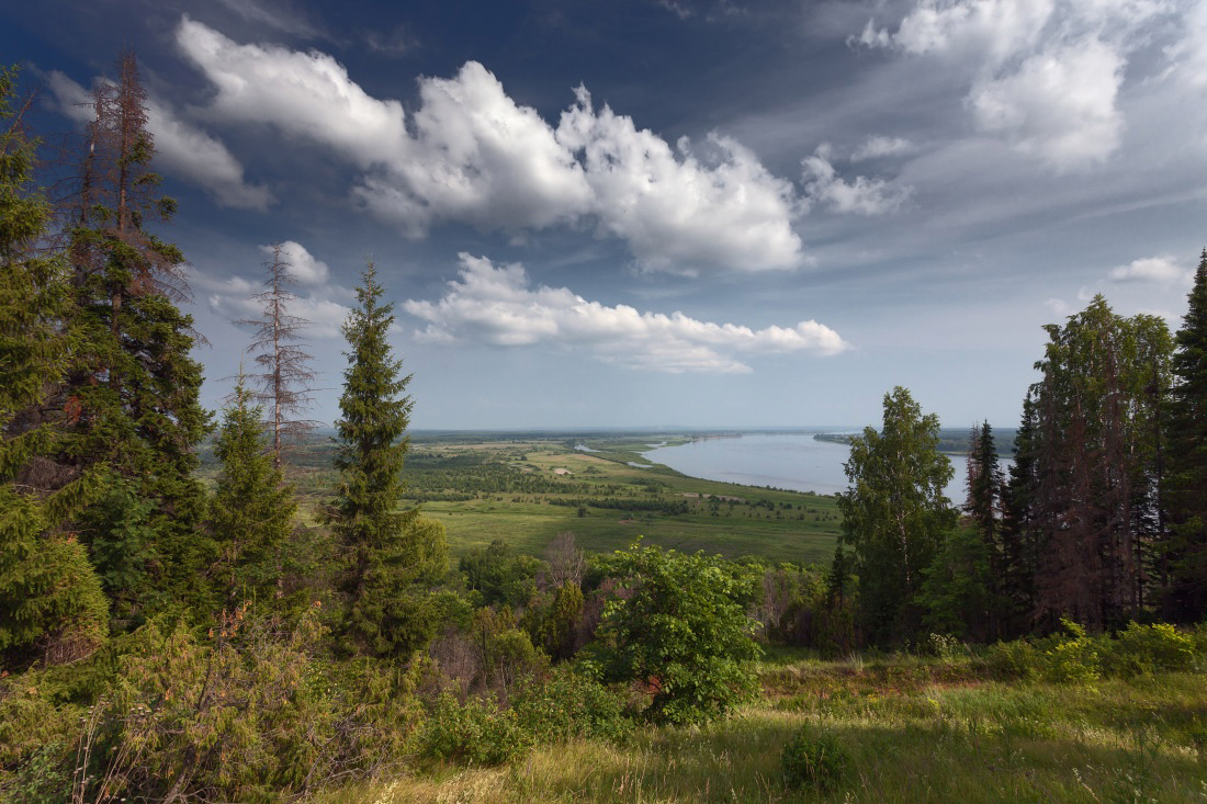 photo "***" tags: landscape, clouds, forest, grass, river, summer, Кама, склоны