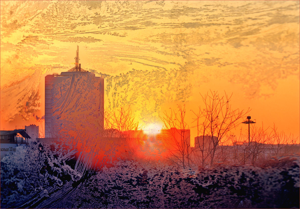 photo "Rubin through frost" tags: city, hoarfrost, sunset, стекло
