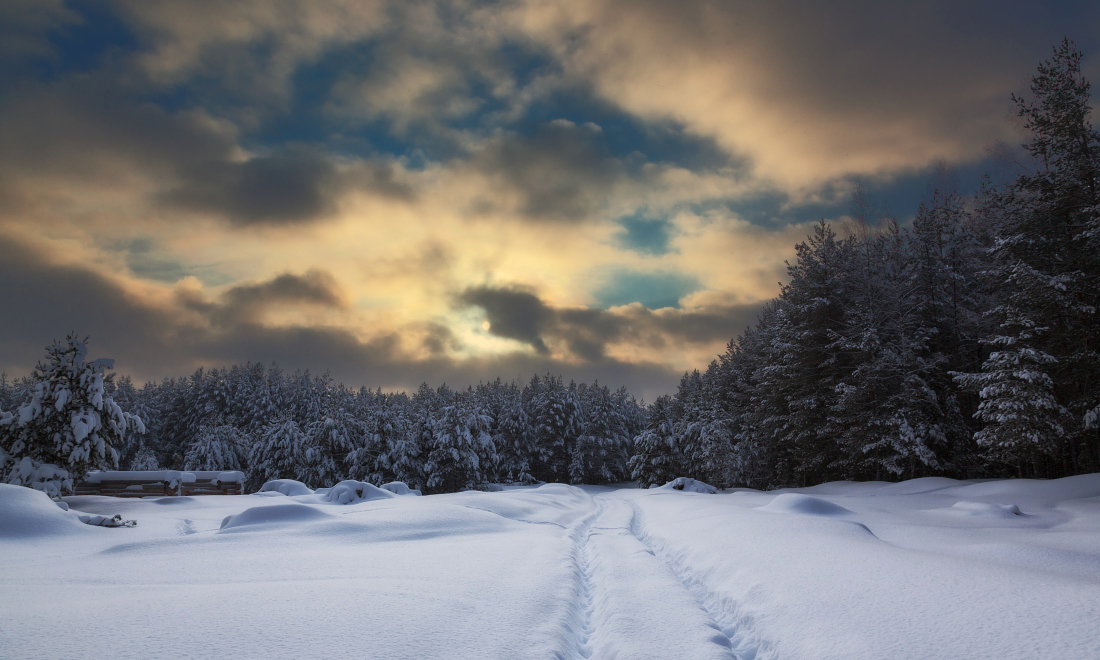 фото "Зимние тучи" метки: пейзаж, зима, колея, лес, небо, снег, сугробы, тучи