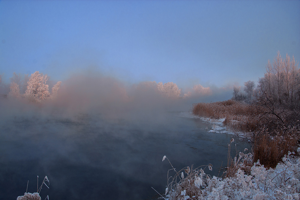 photo "Winter landscape" tags: nature, landscape, fog, hoarfrost, snow, деревья, зимний пейзаж, кустарник, природа, река Урал
