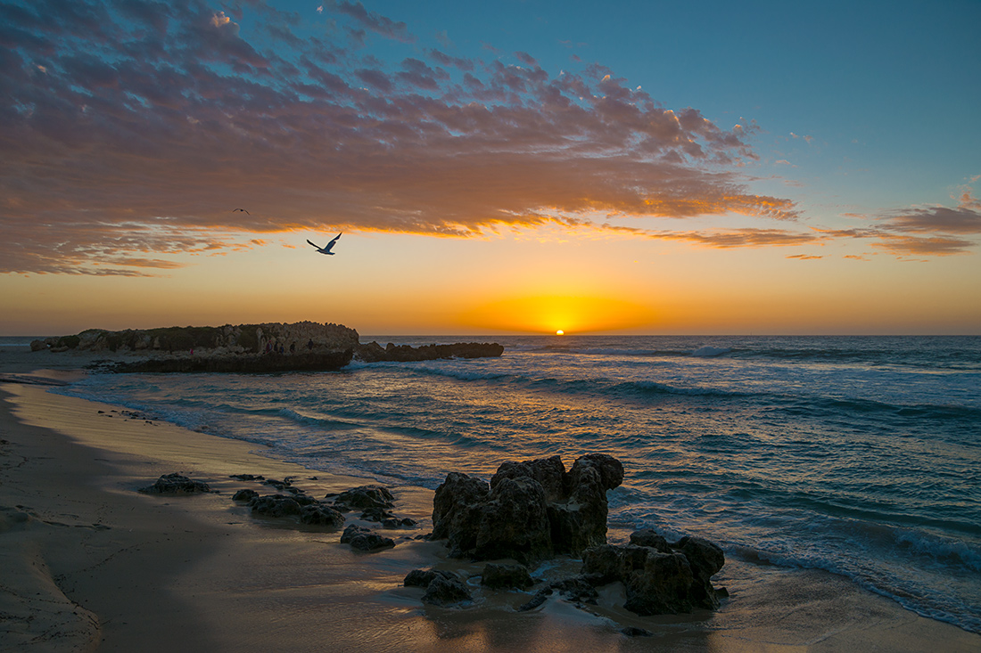 photo "***" tags: landscape, nature, beach, birds, clouds, evening, ocean, rocks, sea, sky, sun, sunset