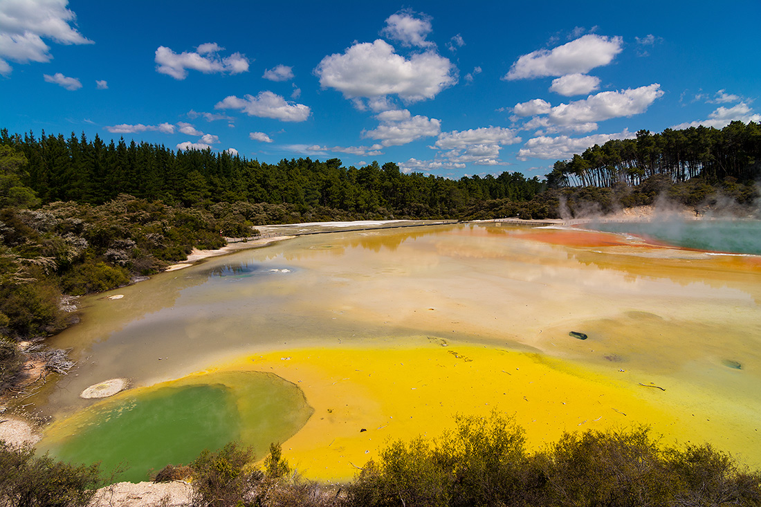 photo "***" tags: landscape, nature, travel, New Zealand, clouds, forest, geysers, sky., steam, thermal