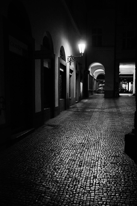 photo "Ночной фонарь, мостовая и проходы" tags: black&white, Prag, Prague, Praha