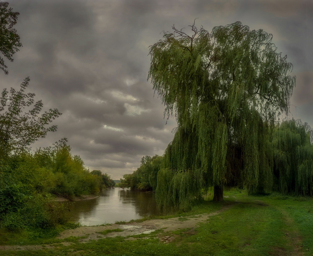 photo "***" tags: landscape, nature, panoramic, 3 горизонтальных кадра, rain, sky, Речка, берега, деревья, тучи