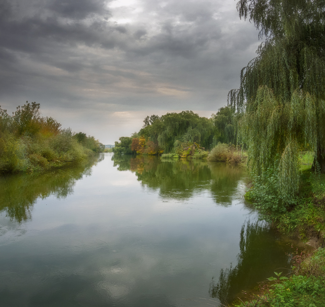 фото "Про берега осени.." метки: пейзаж, природа, панорама, берега, вода, деревья, жёлтый, ивы, небо, облака, осень, река, тучи