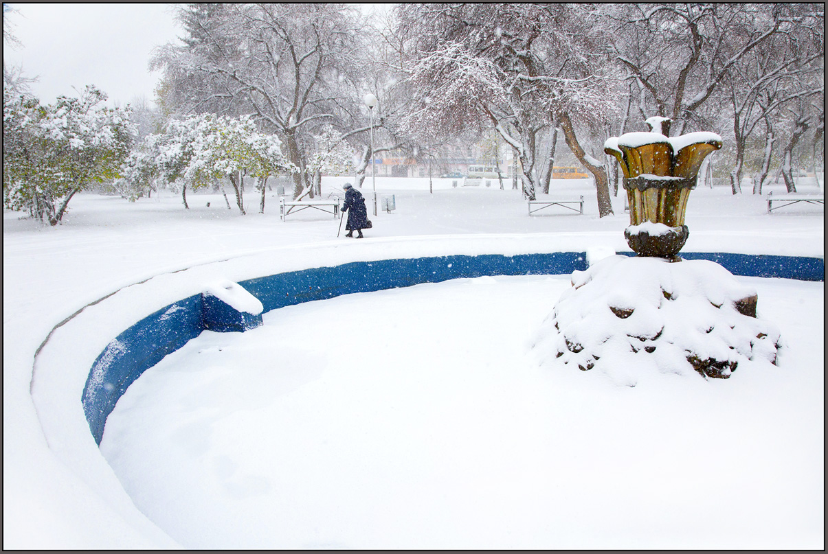 photo "***" tags: landscape, nature, street, park, snow, старушка, фонтан