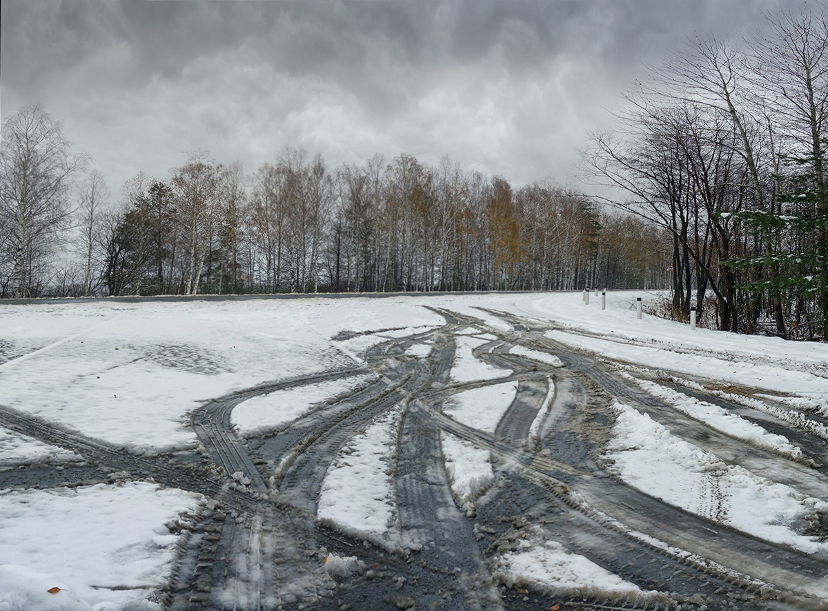 фото "Танцы на снегу" метки: пейзаж, дорога, облака, октябрь, следы