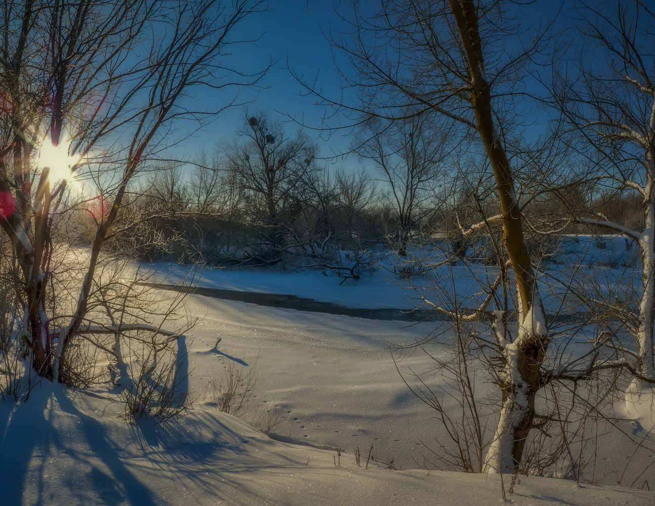 фото "Зимнее утро..." метки: пейзаж, природа, панорама, мороз, река, свет, следы, снег, солнце, утро